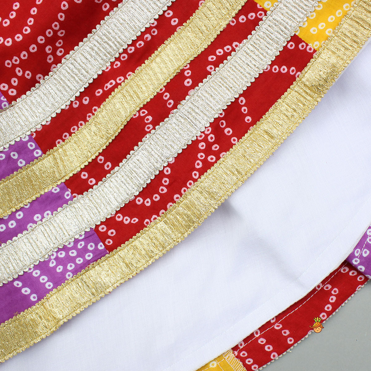 Faux Mirror Embroidered Colourful Tiered Top With Multicolour Bandhani Lehenga And Dupatta With Bandana