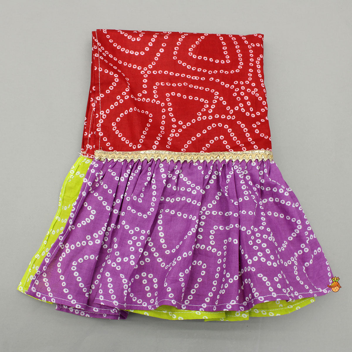 Faux Mirror Embroidered Colourful Tiered Top With Multicolour Bandhani Lehenga And Dupatta With Bandana