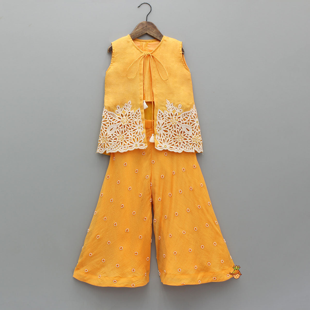 Sleeveless Orange Top With Tie Up Embroidered Jacket And Palazzo