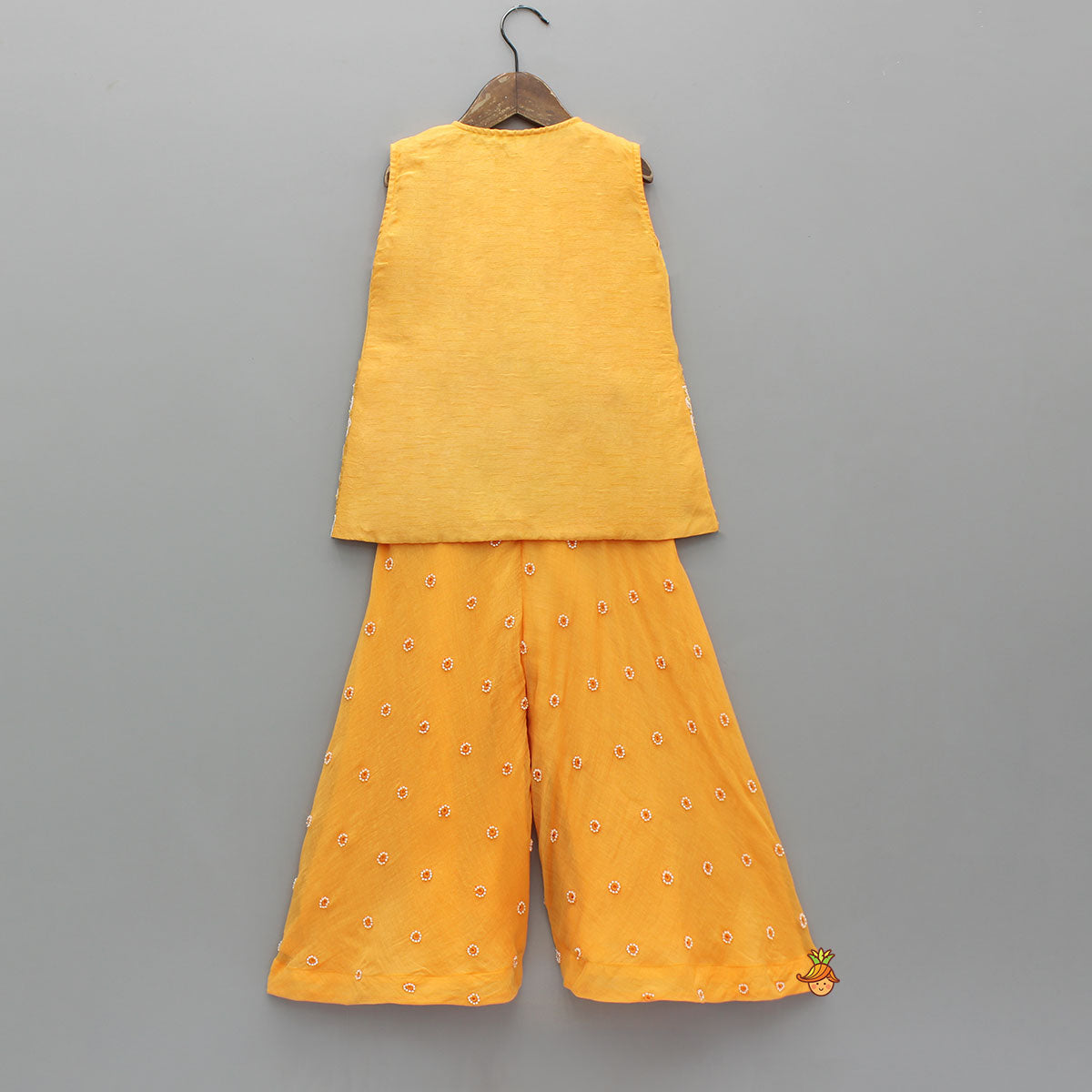 Sleeveless Orange Top With Tie Up Embroidered Jacket And Palazzo