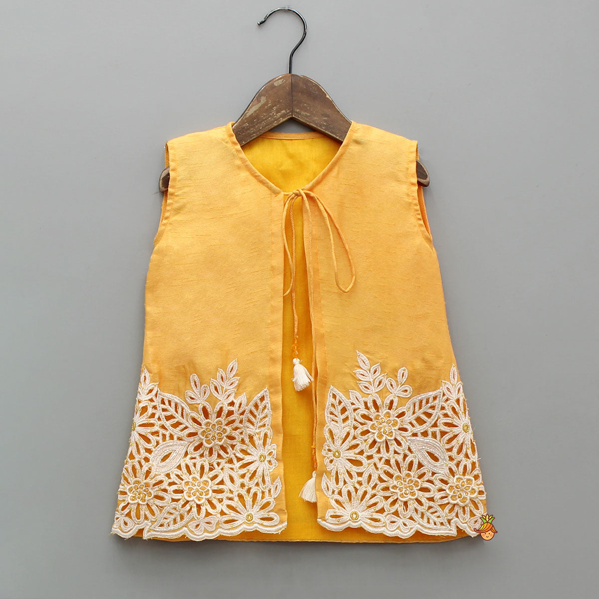 Sleeveless Orange Top With Tie Up Embroidered Jacket And Palazzo