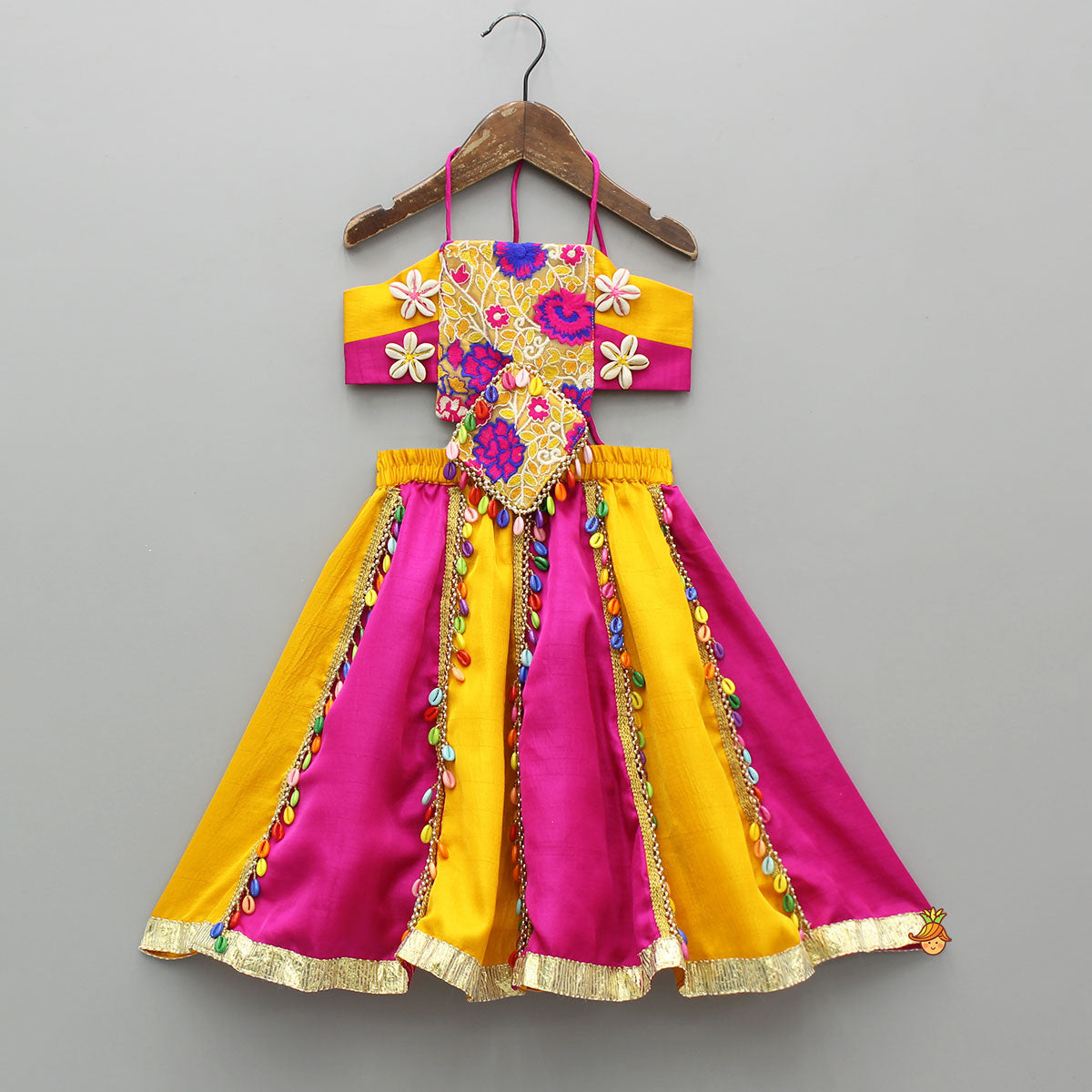 Cowrie Shell Embellished Yellow Embroidered Top With Lehenga