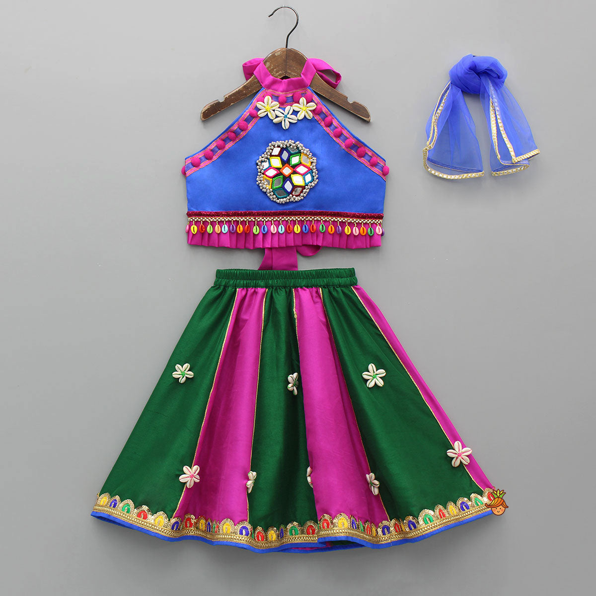 Multicolour Embellished Mirror Work Top With Multicolour Lehenga And Dupatta