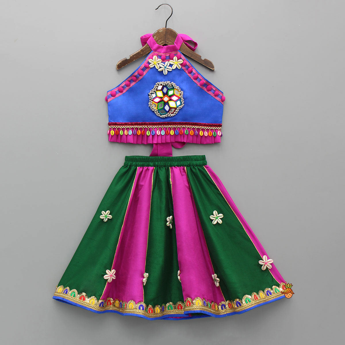 Multicolour Embellished Mirror Work Top With Multicolour Lehenga And Dupatta