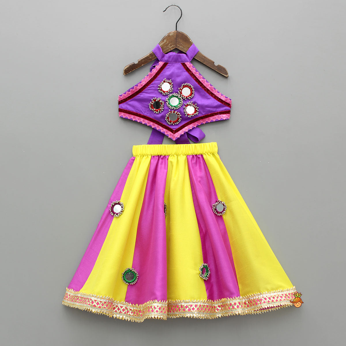 Stylish Mirror Embellished Halter Neck Top With Lehenga And Dupatta