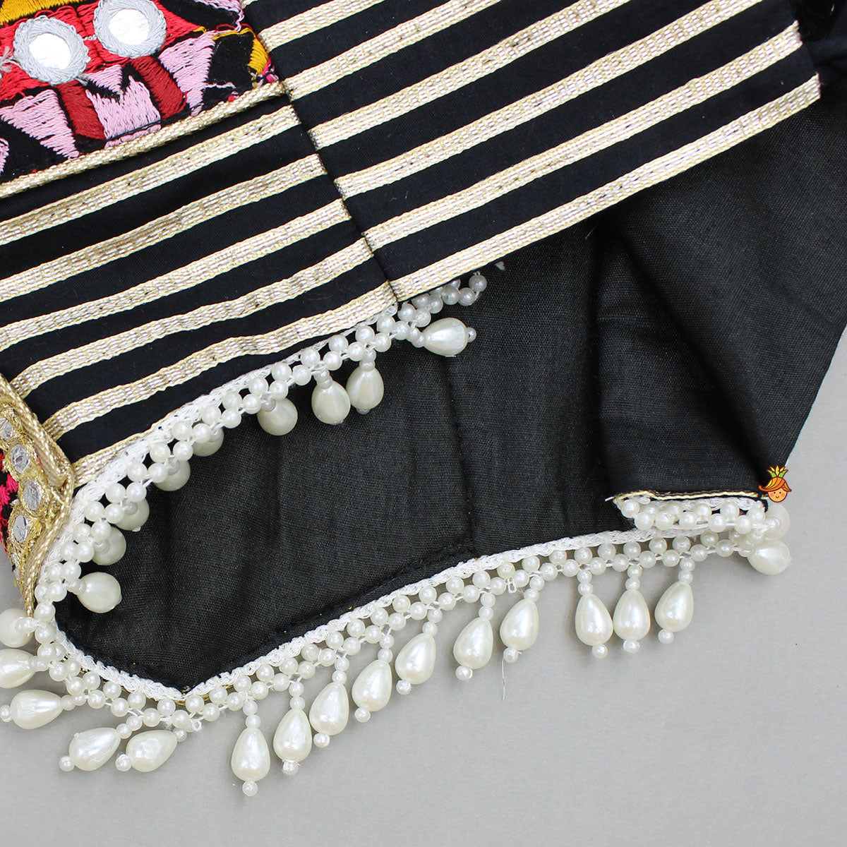 Strappy Mirror Embroidered Multicolour Top With Lehenga And Bandana With Potli Bag