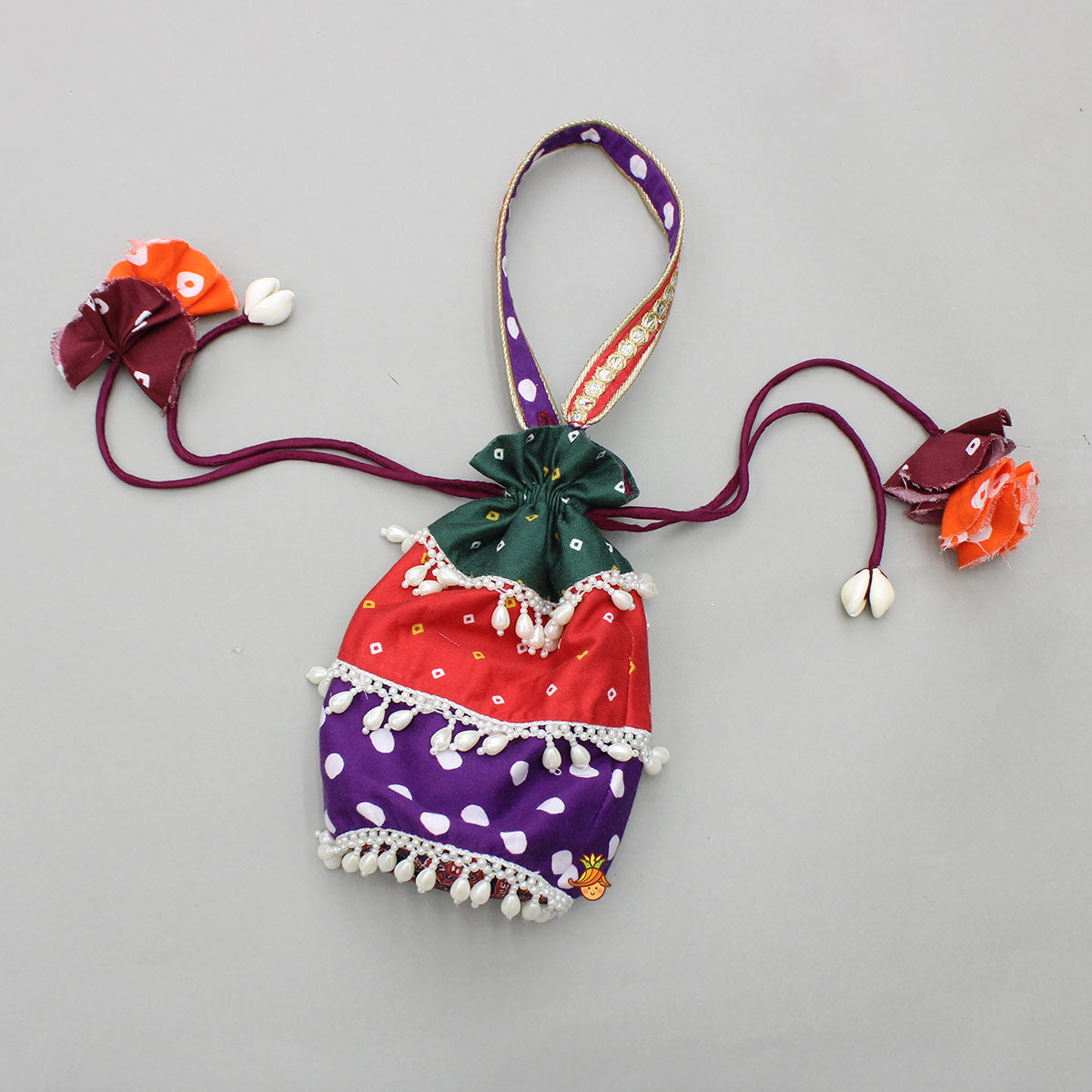 Strappy Mirror Embroidered Multicolour Top With Lehenga And Bandana With Potli Bag