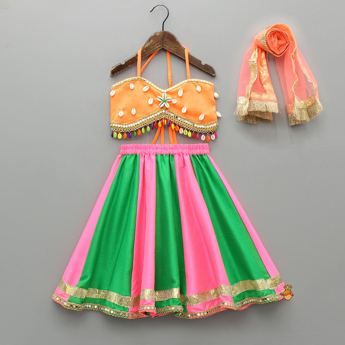 Stunning Shell Embellished Crop Top With Neon Lehenga And Dupatta