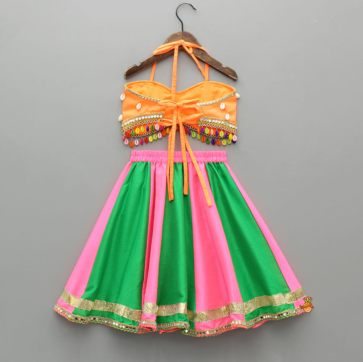 Stunning Shell Embellished Crop Top With Neon Lehenga And Dupatta