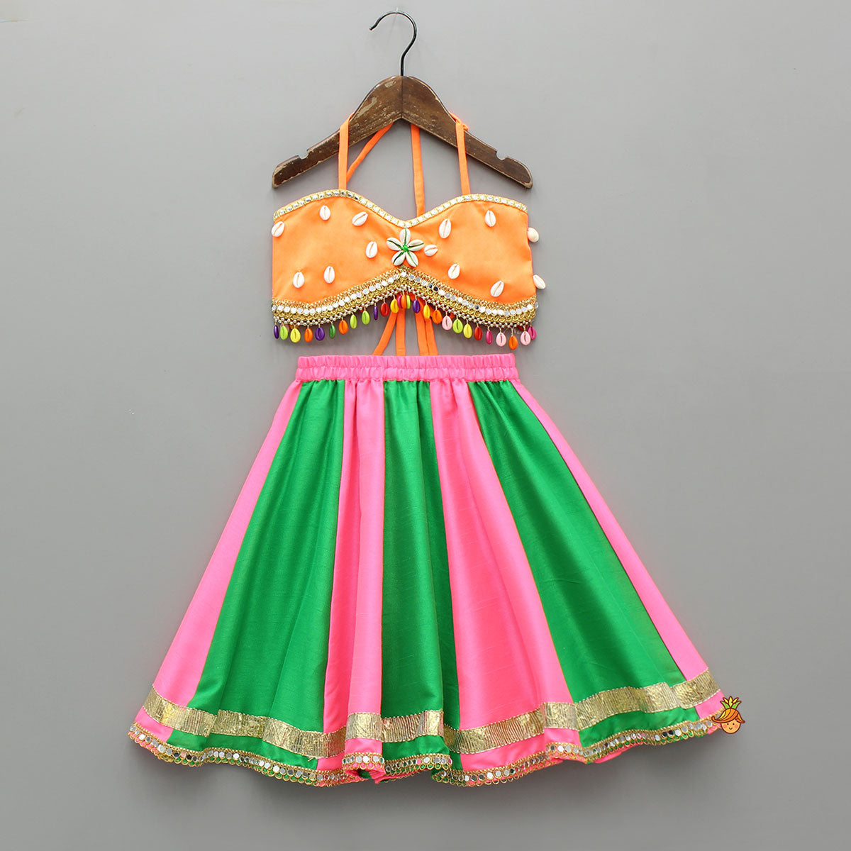 Stunning Shell Embellished Crop Top With Neon Lehenga And Dupatta