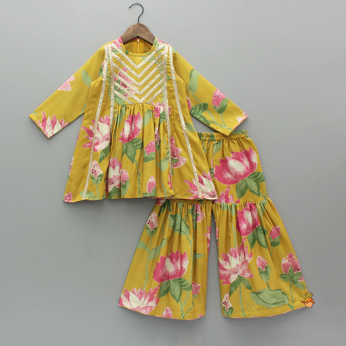 Floral Printed Lace Detailed Kurti With Sharara And Dupatta
