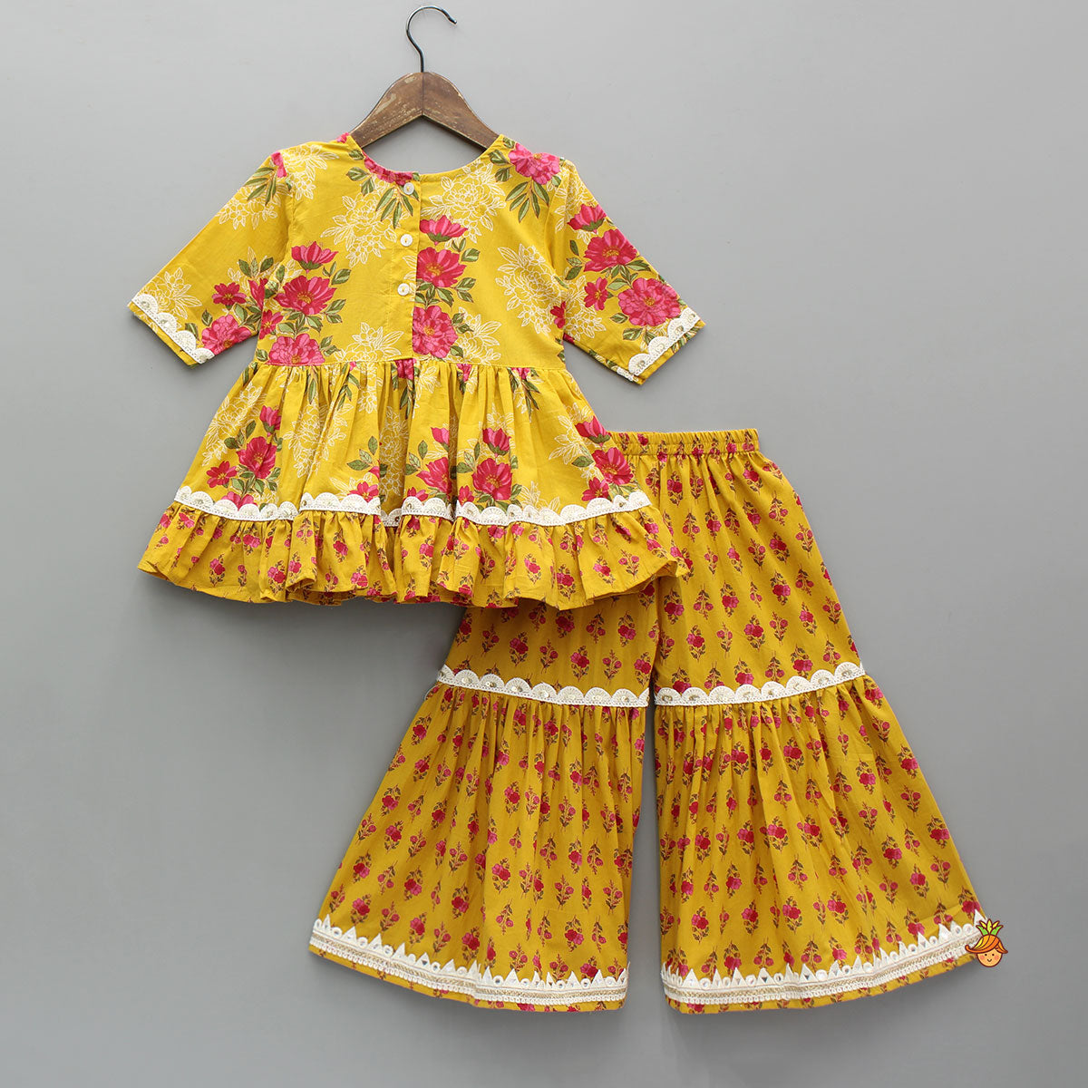 Multicolour Floral Printed Cotton Kurti With Sharara And Dupatta