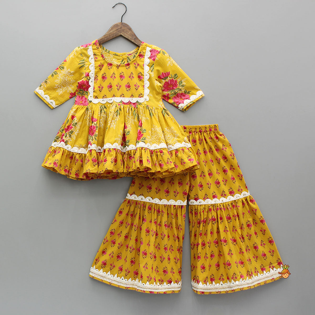 Multicolour Floral Printed Cotton Kurti With Sharara And Dupatta