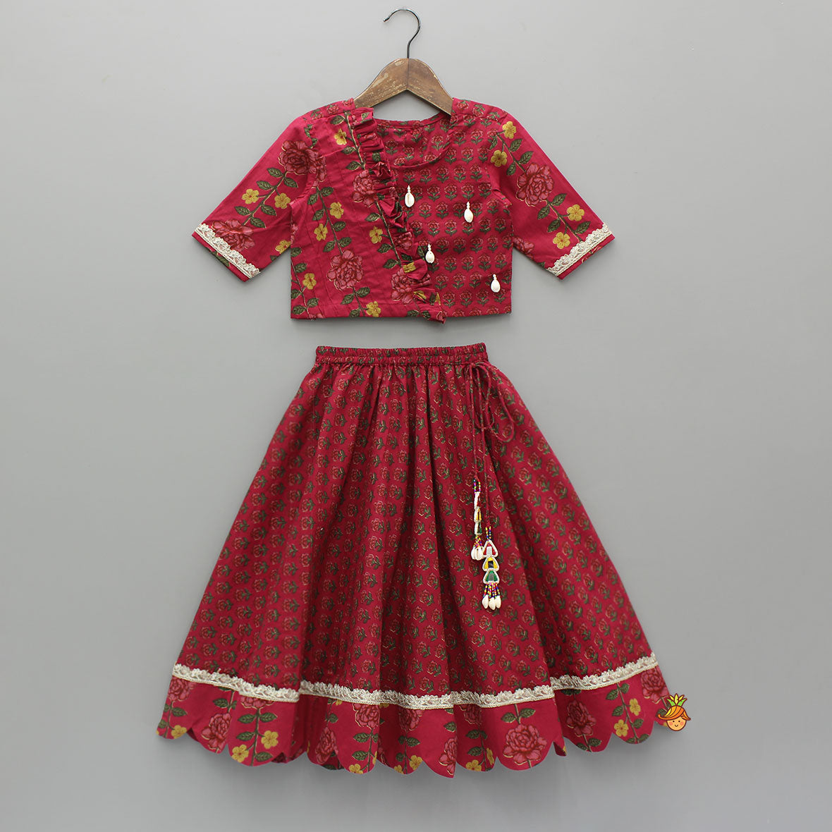 Floral Printed Pin Tuck Detailed Embellished Top With Matching Lehenga