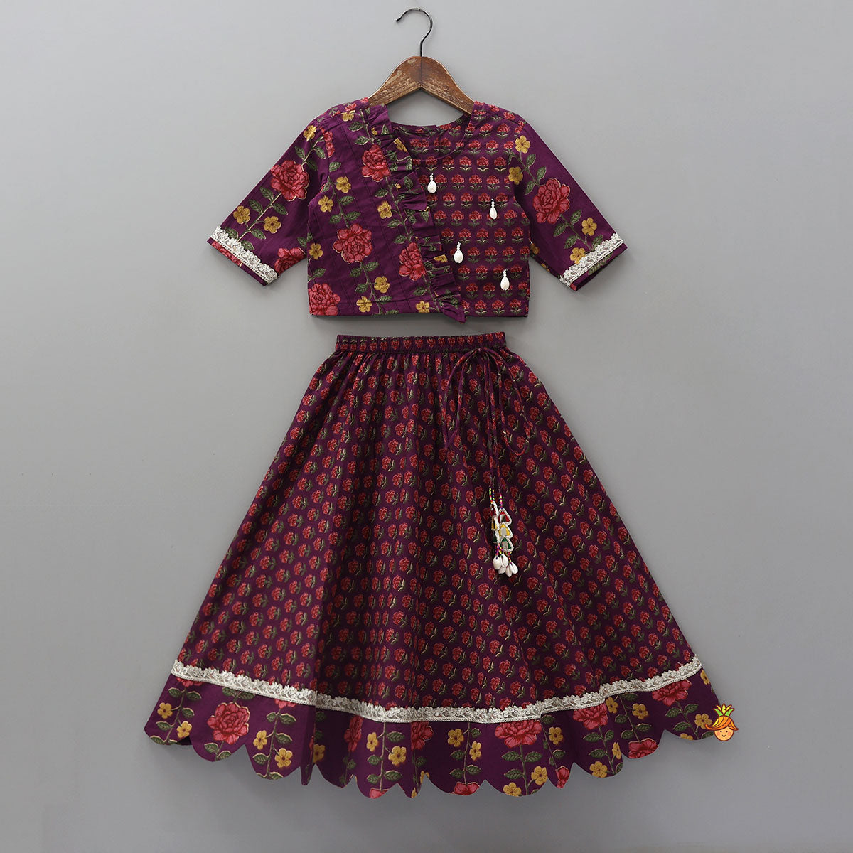 Floral Printed Pin Tuck Detailed Purple Top With Matching Lehenga