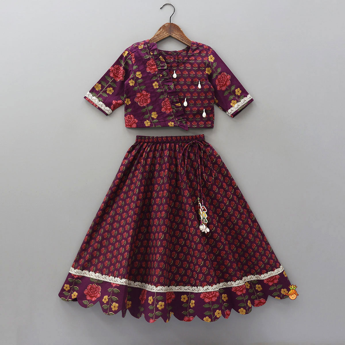 Floral Printed Pin Tuck Detailed Purple Top With Matching Lehenga