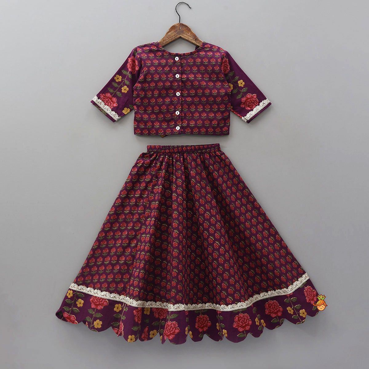 Floral Printed Pin Tuck Detailed Purple Top With Matching Lehenga