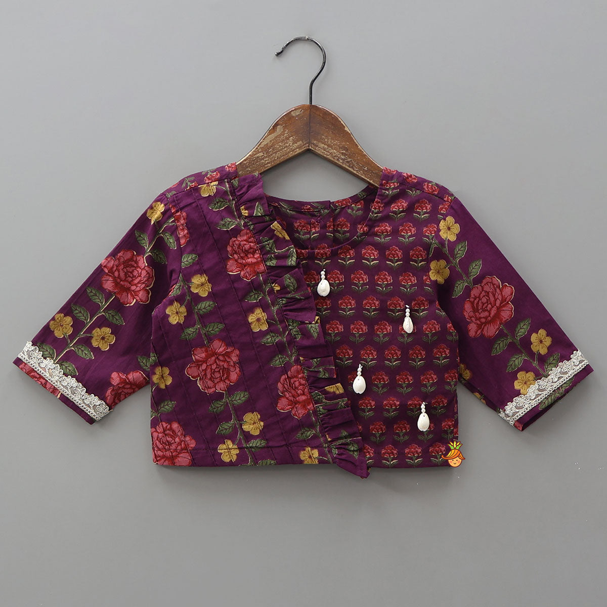 Floral Printed Pin Tuck Detailed Purple Top With Matching Lehenga