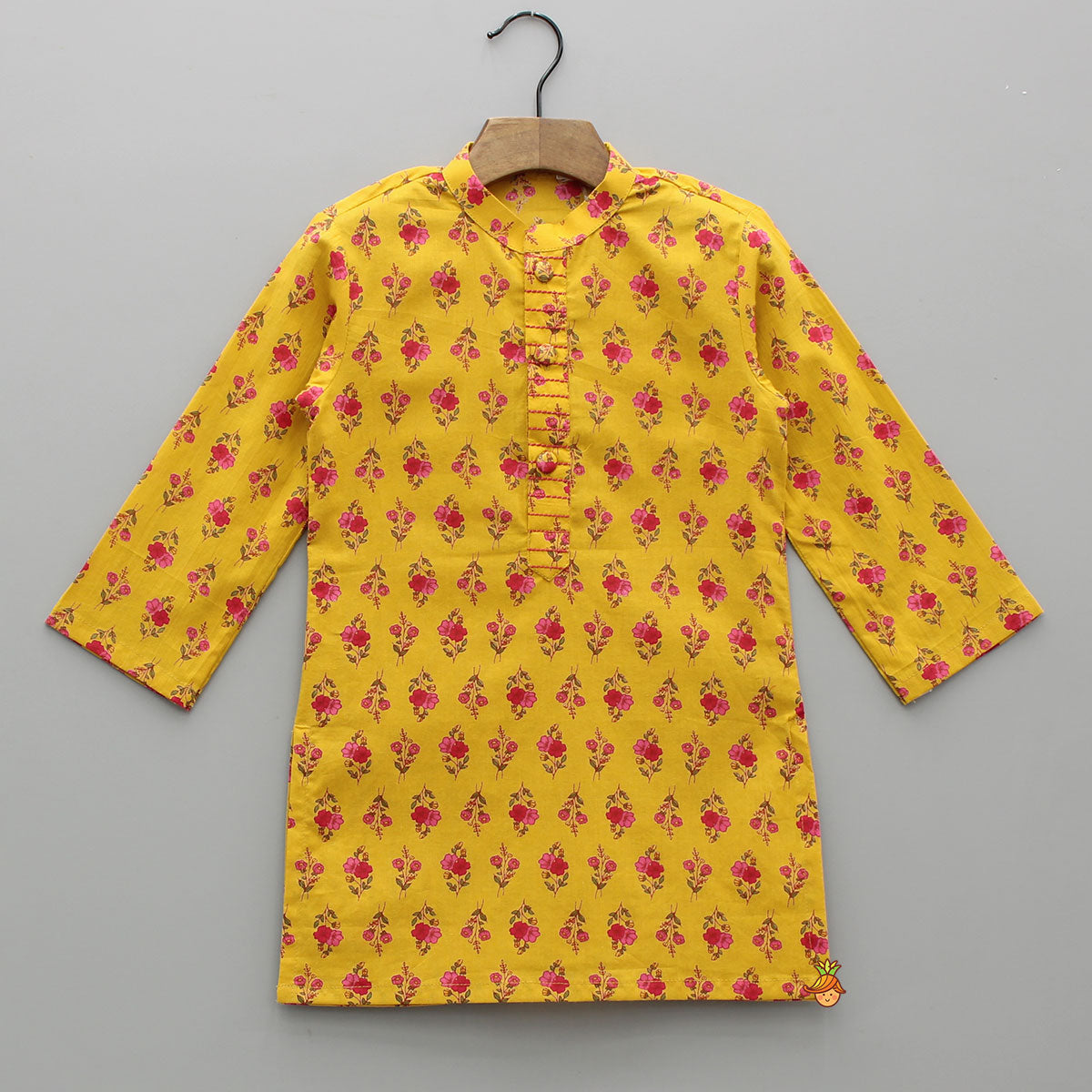 Yellow Floral Printed Kurta With Matching Front Open Jacket And Pyjama