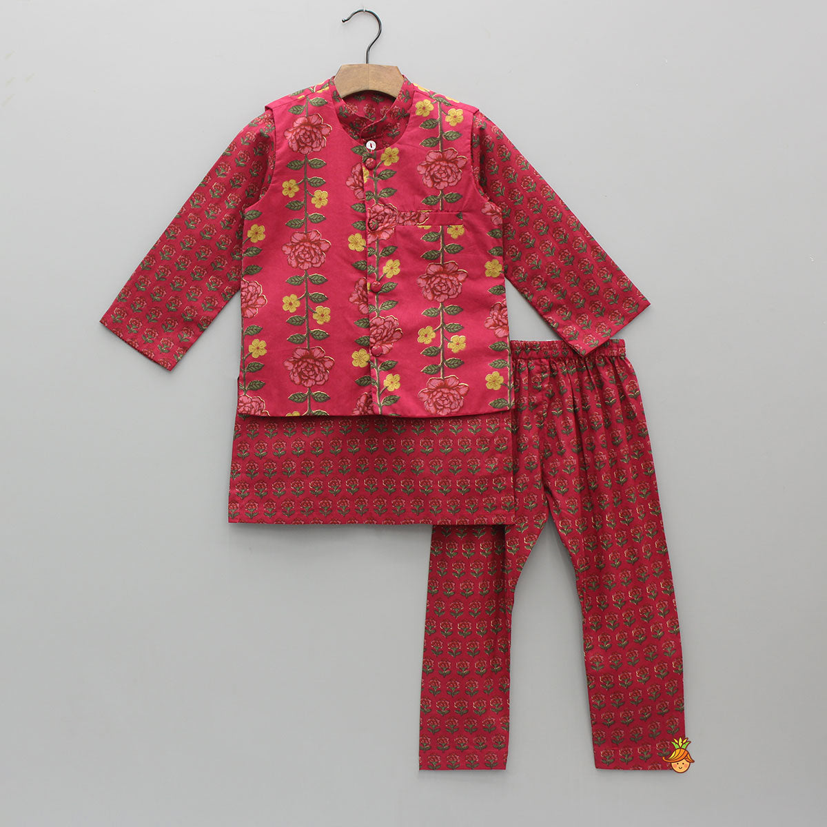 Floral Printed Cotton Kurta With Matching Printed Jacket And Pyjama