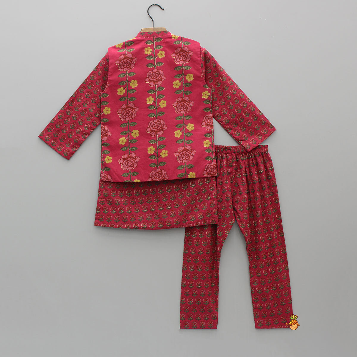 Floral Printed Cotton Kurta With Matching Printed Jacket And Pyjama