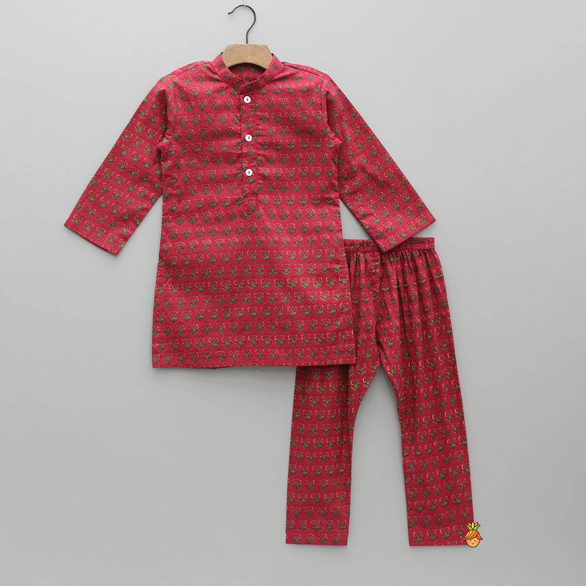 Floral Printed Cotton Kurta With Matching Printed Jacket And Pyjama