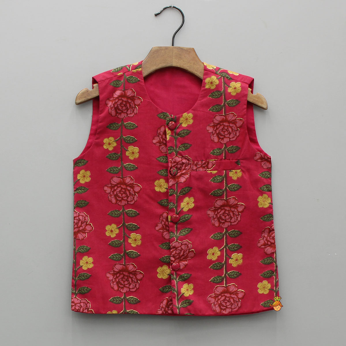 Floral Printed Cotton Kurta With Matching Printed Jacket And Pyjama