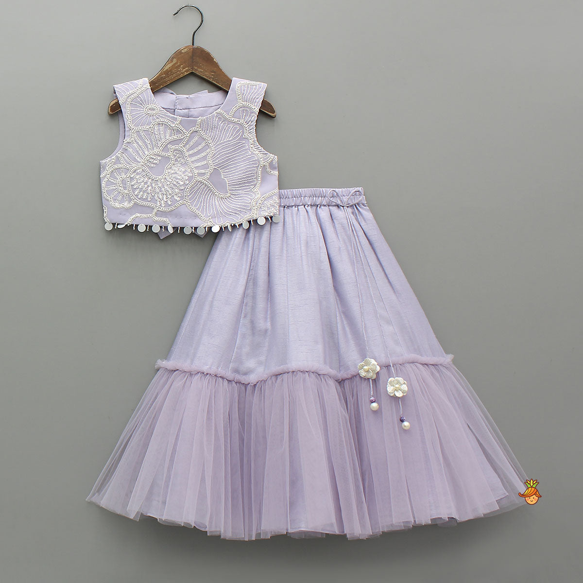 Lavender Bow Adorned Sleeveless Embroidered Top With Lehenga