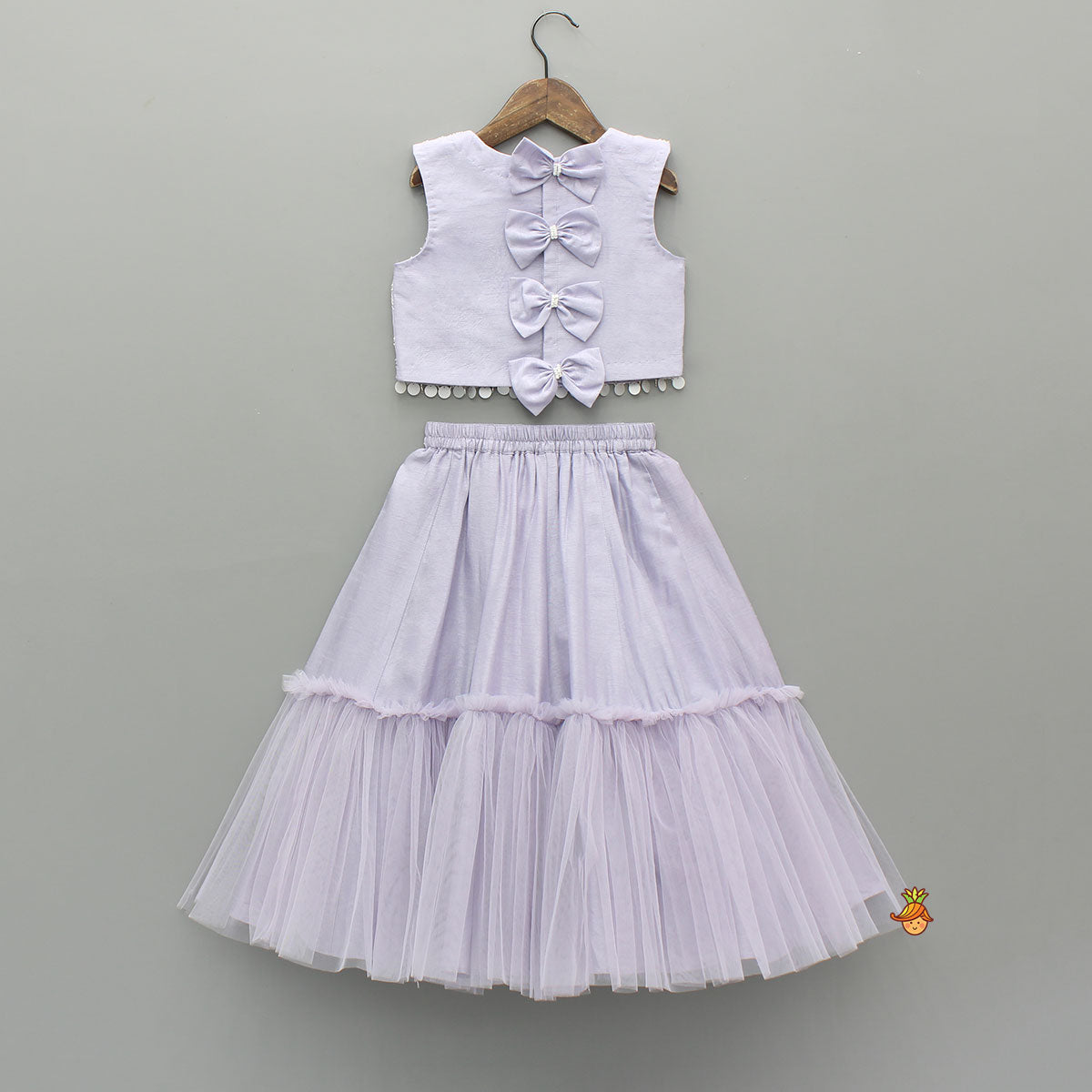 Lavender Bow Adorned Sleeveless Embroidered Top With Lehenga