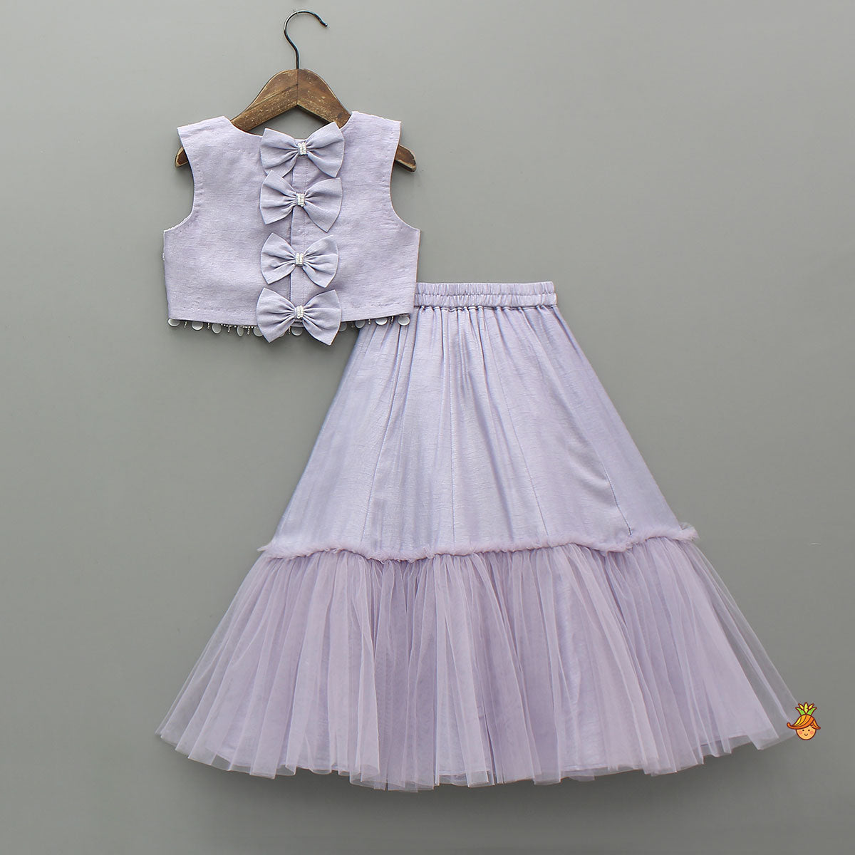 Lavender Bow Adorned Sleeveless Embroidered Top With Lehenga