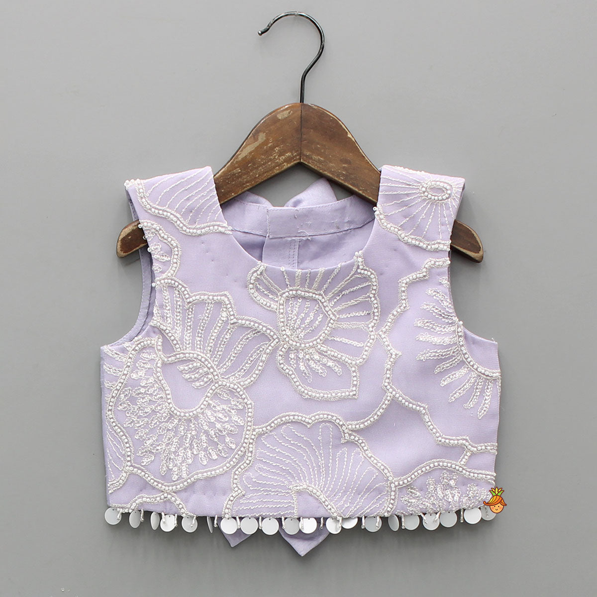 Lavender Bow Adorned Sleeveless Embroidered Top With Lehenga