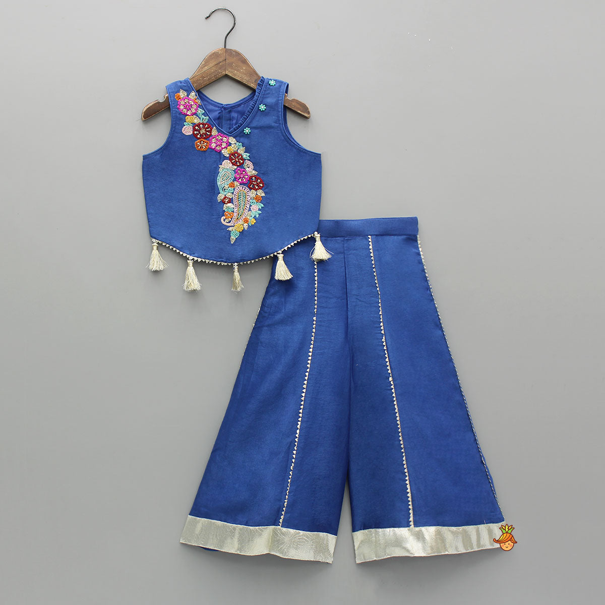 Blue Floral Embroidered Sleeveless Top With Palazzo