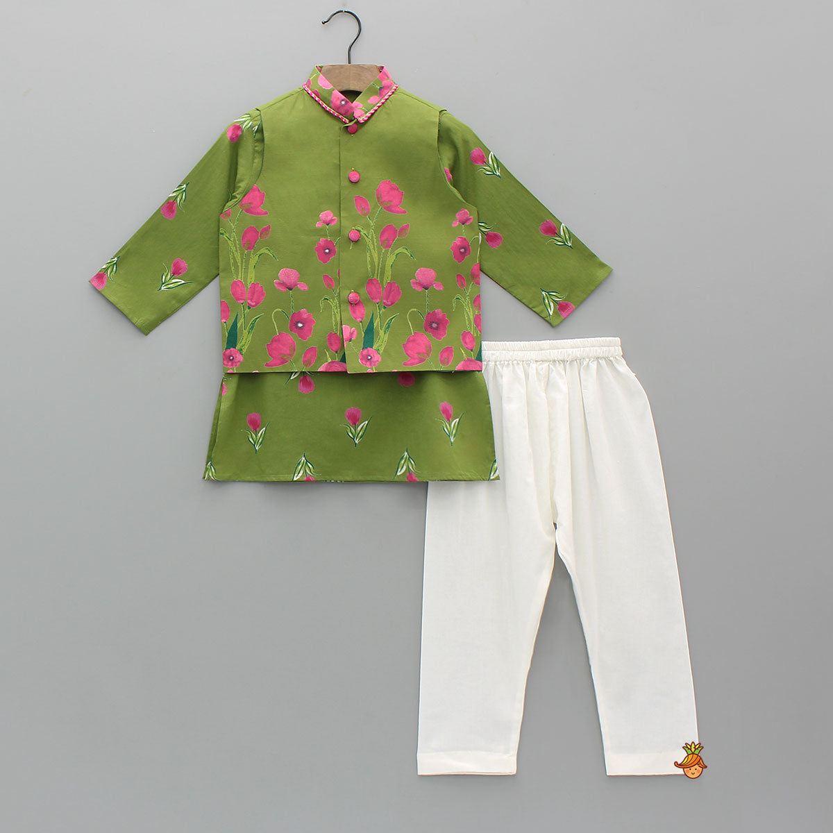 Front Placket Floral Kurta With Matching Jacket And Churidar