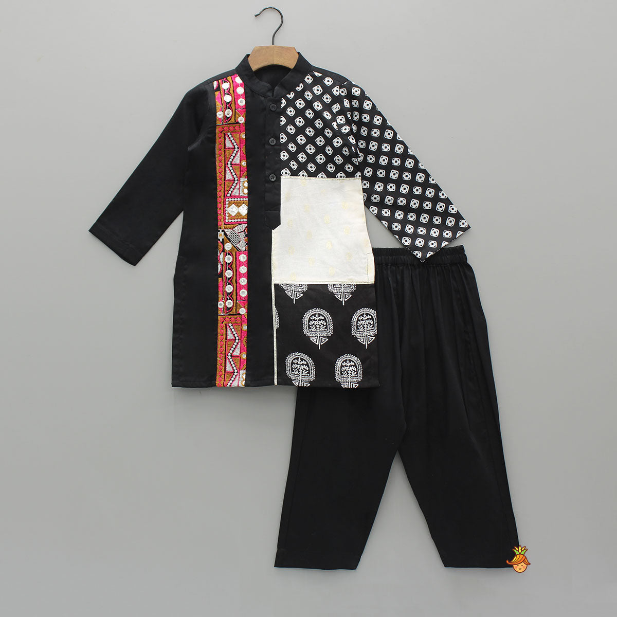 Multicolour Embroidered Lace Detailed Kurta With Pyjama