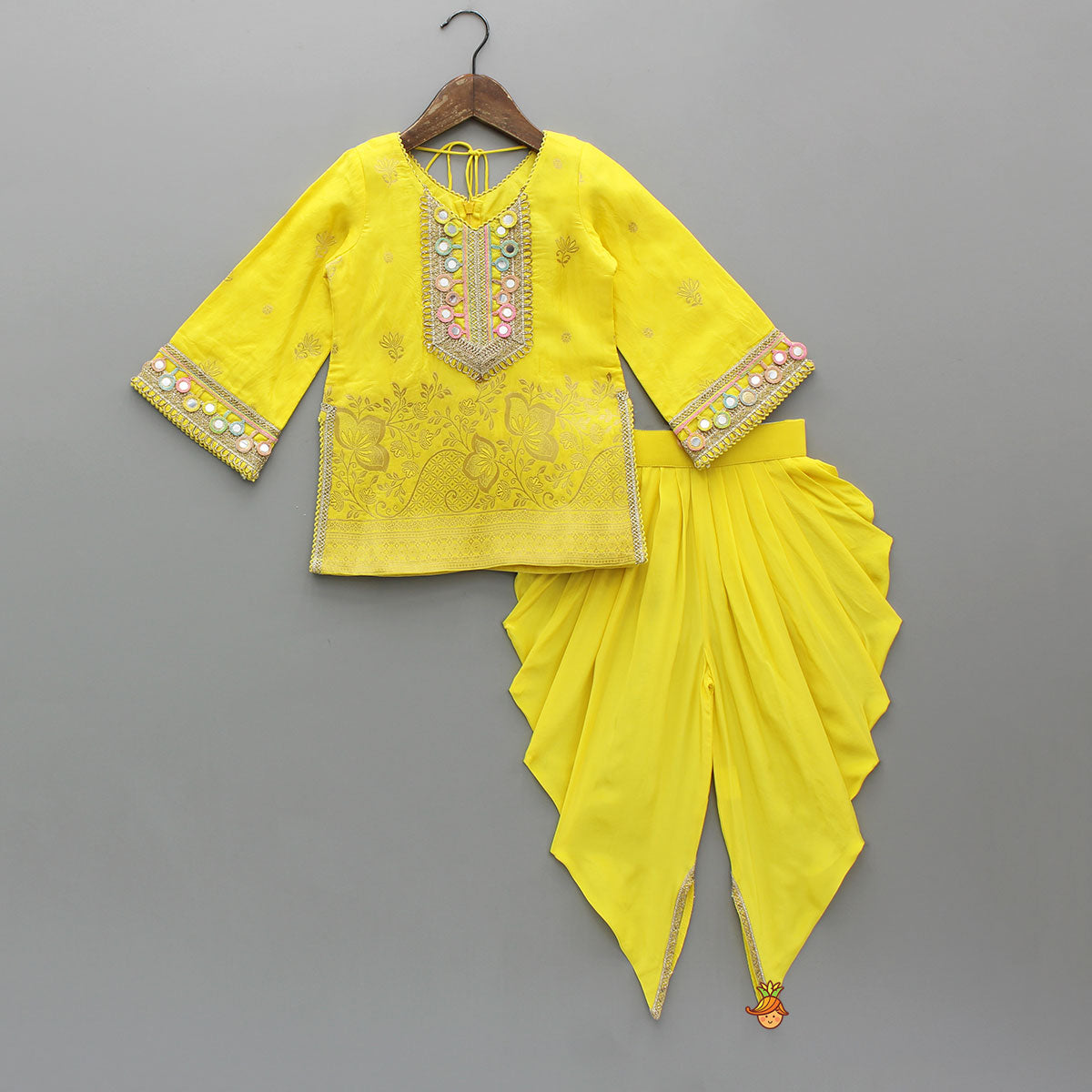Faux Mirror Embellished Stylish Kurti With Dhoti And Dupatta