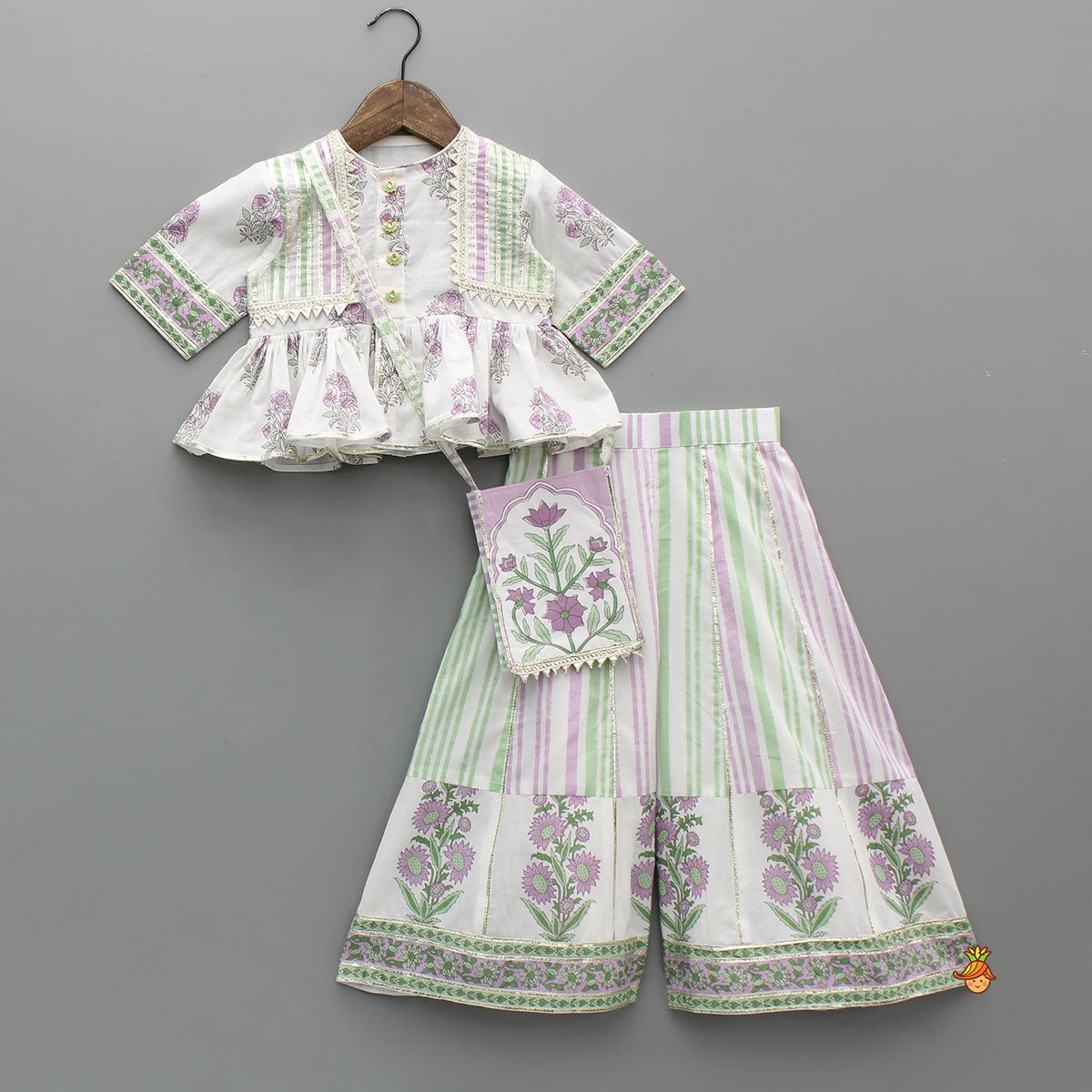 Lace Detailed Floral Printed Top With Printed Palazzo And Sling Bag