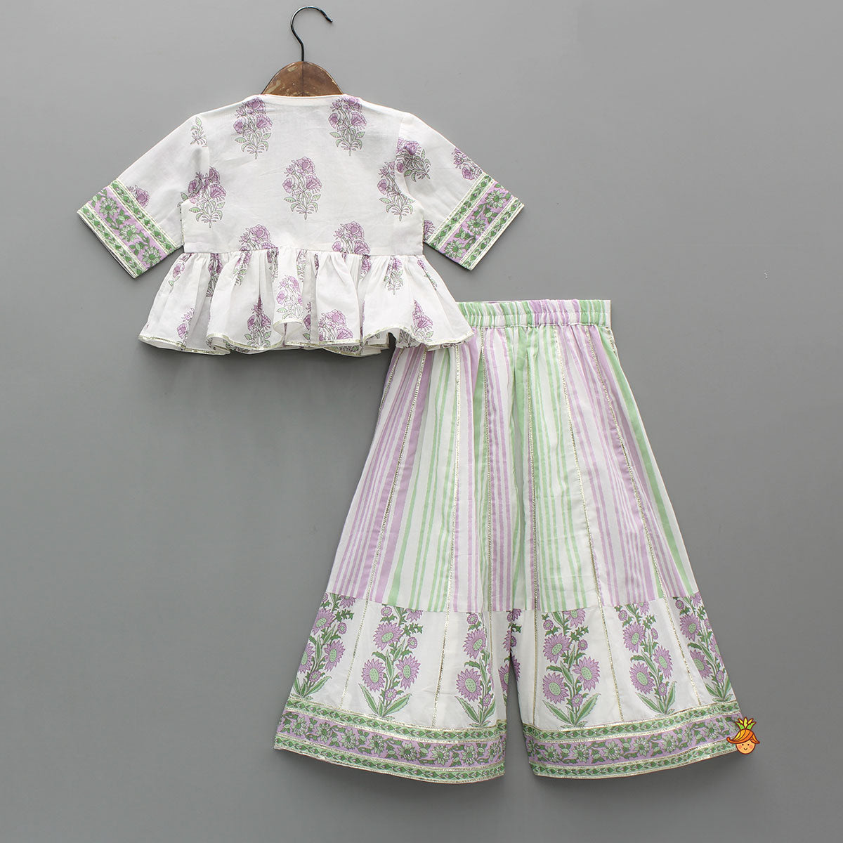 Lace Detailed Floral Printed Top With Printed Palazzo And Sling Bag