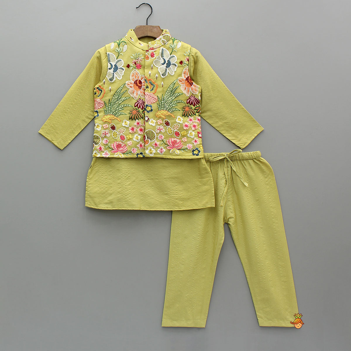 Ethnic Kurta And Floral Embroidered Jacket With Pyjama