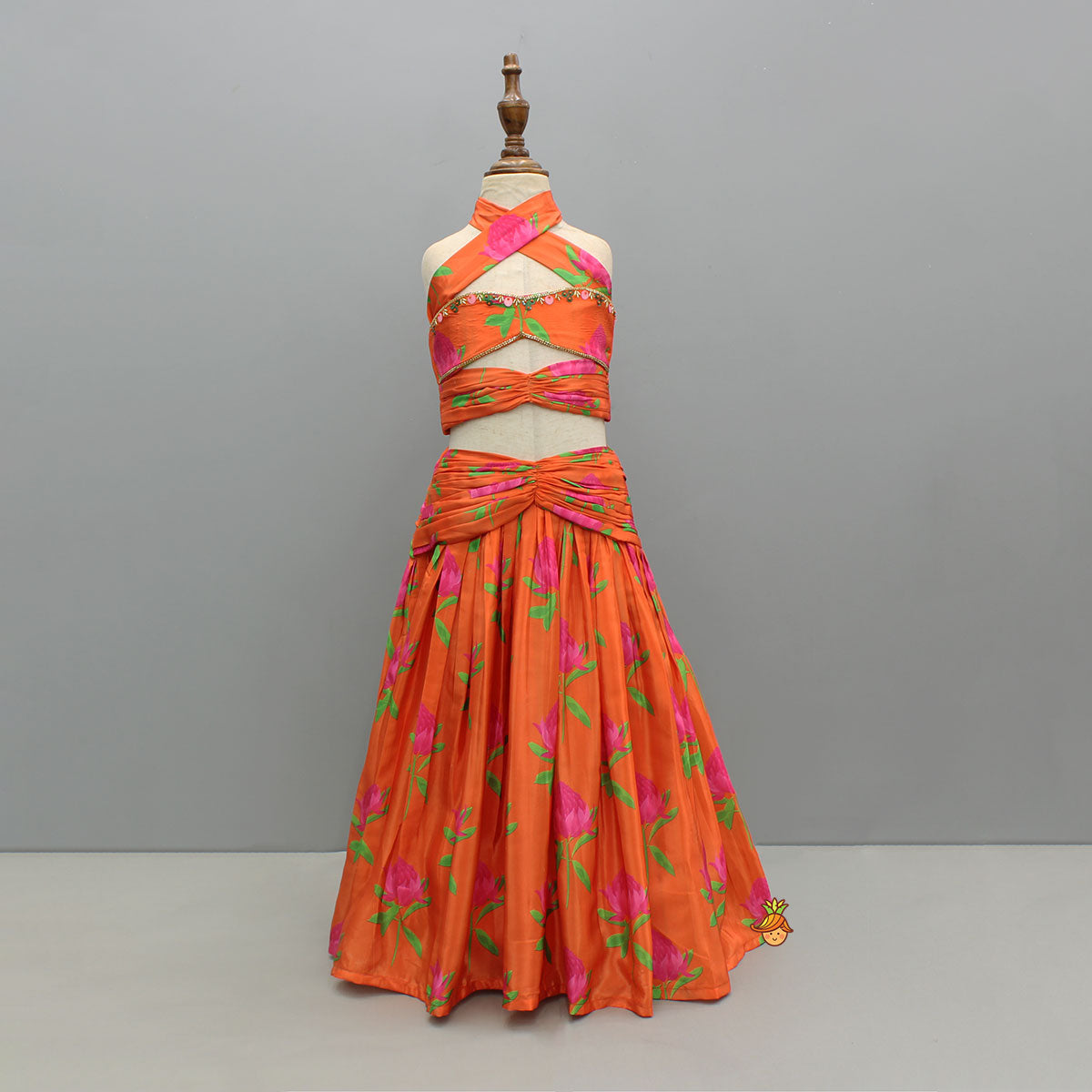 Stylish Drape-Detail Floral Printed Top And Lehenga