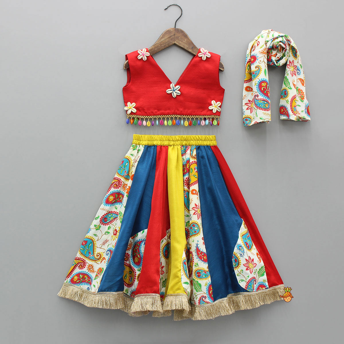 Vibrant Cowrie Shells Adorned Top With Multicolour Lehenga And Dupatta