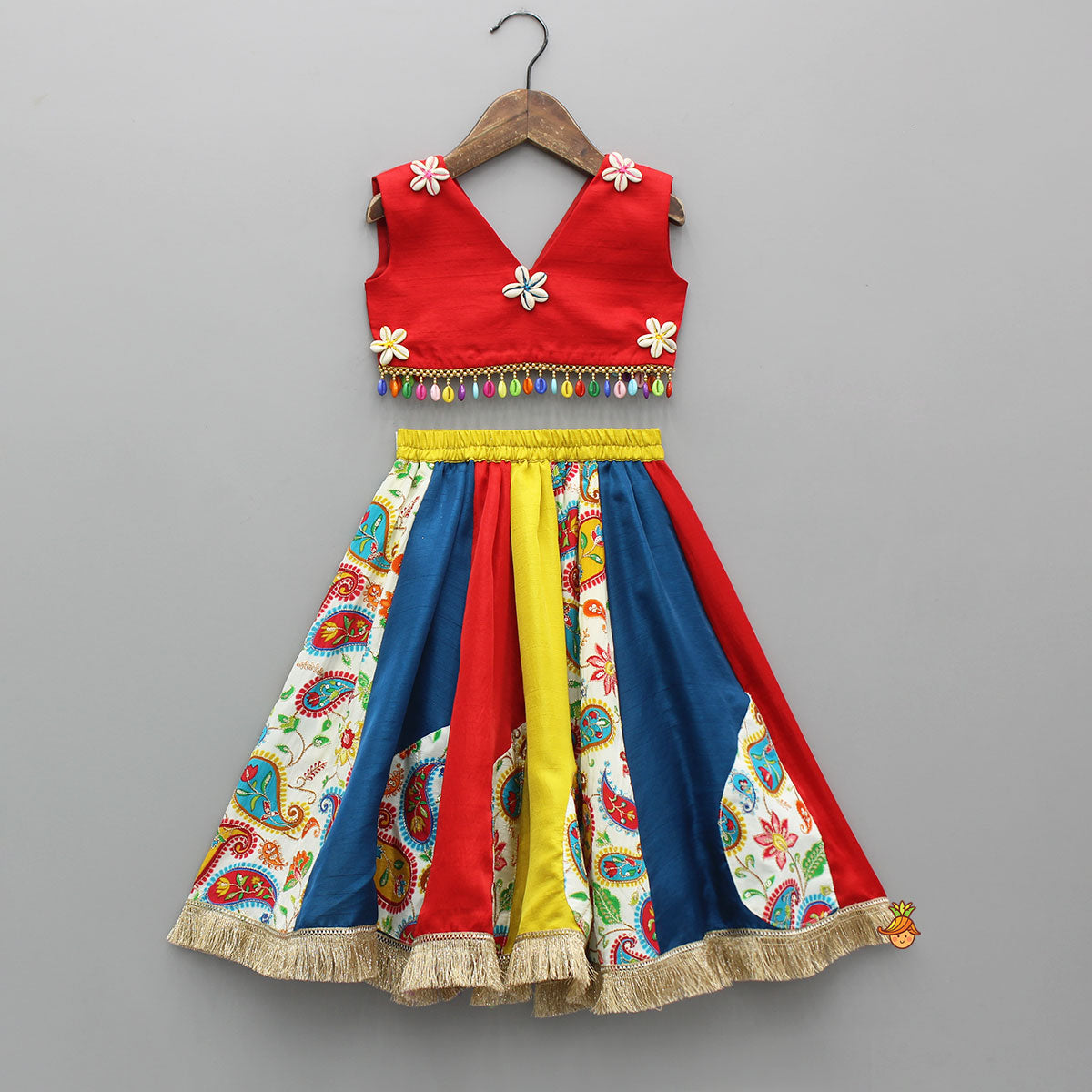 Vibrant Cowrie Shells Adorned Top With Multicolour Lehenga And Dupatta