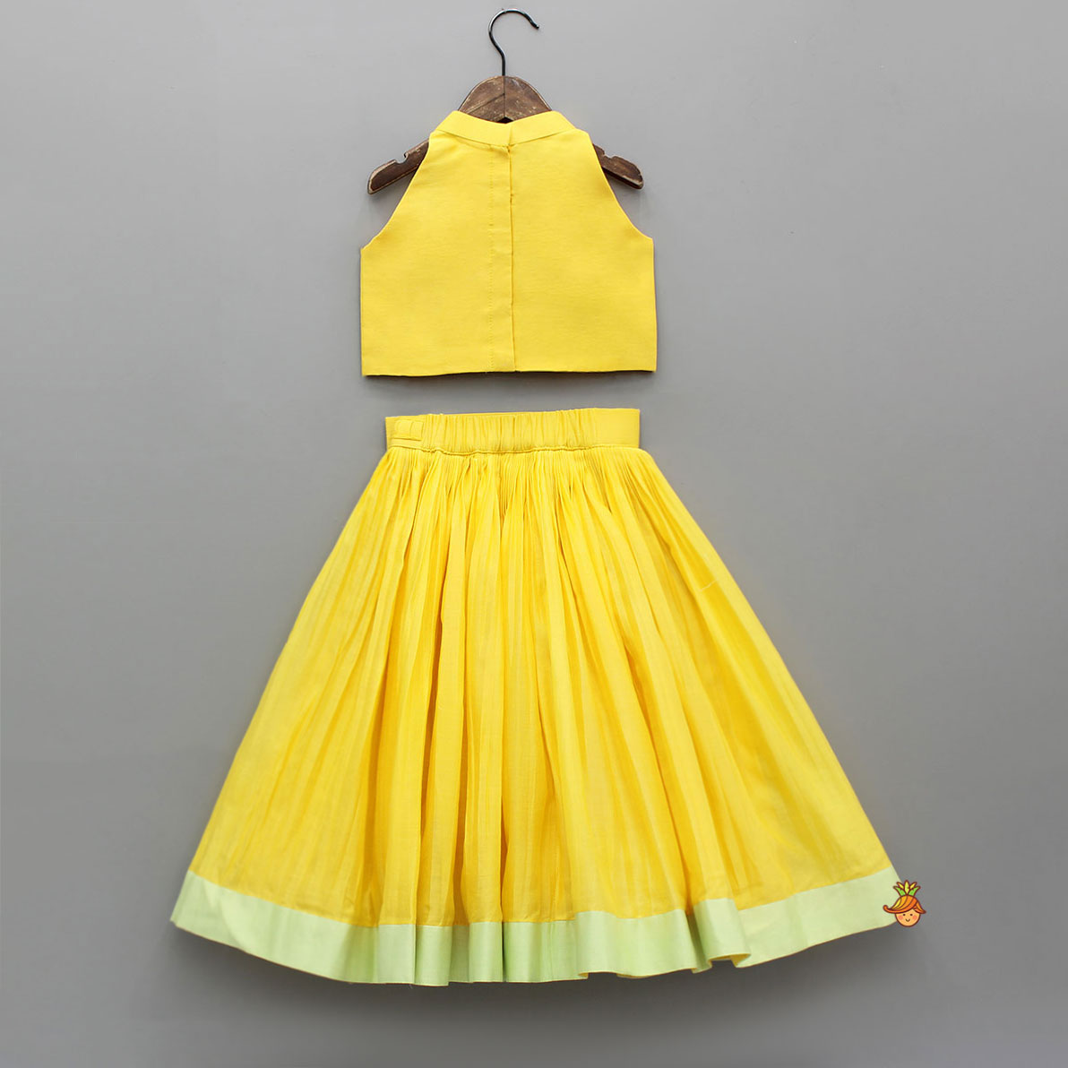 Yellow Halter Neck Floral Embroidered Top With Pleat Detailed Lehenga