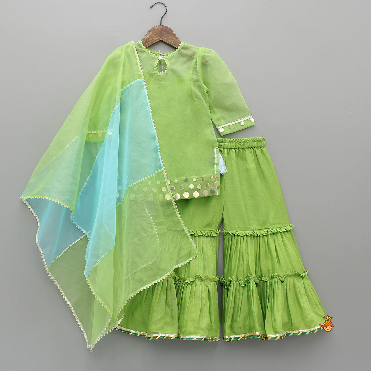 Ethnic Strappy Top With Embellished Kurti And Ruffled Sharara With Dupatta