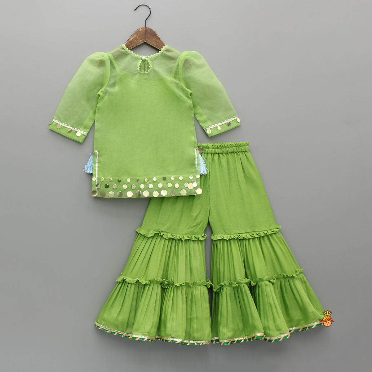 Ethnic Strappy Top With Embellished Kurti And Ruffled Sharara With Dupatta