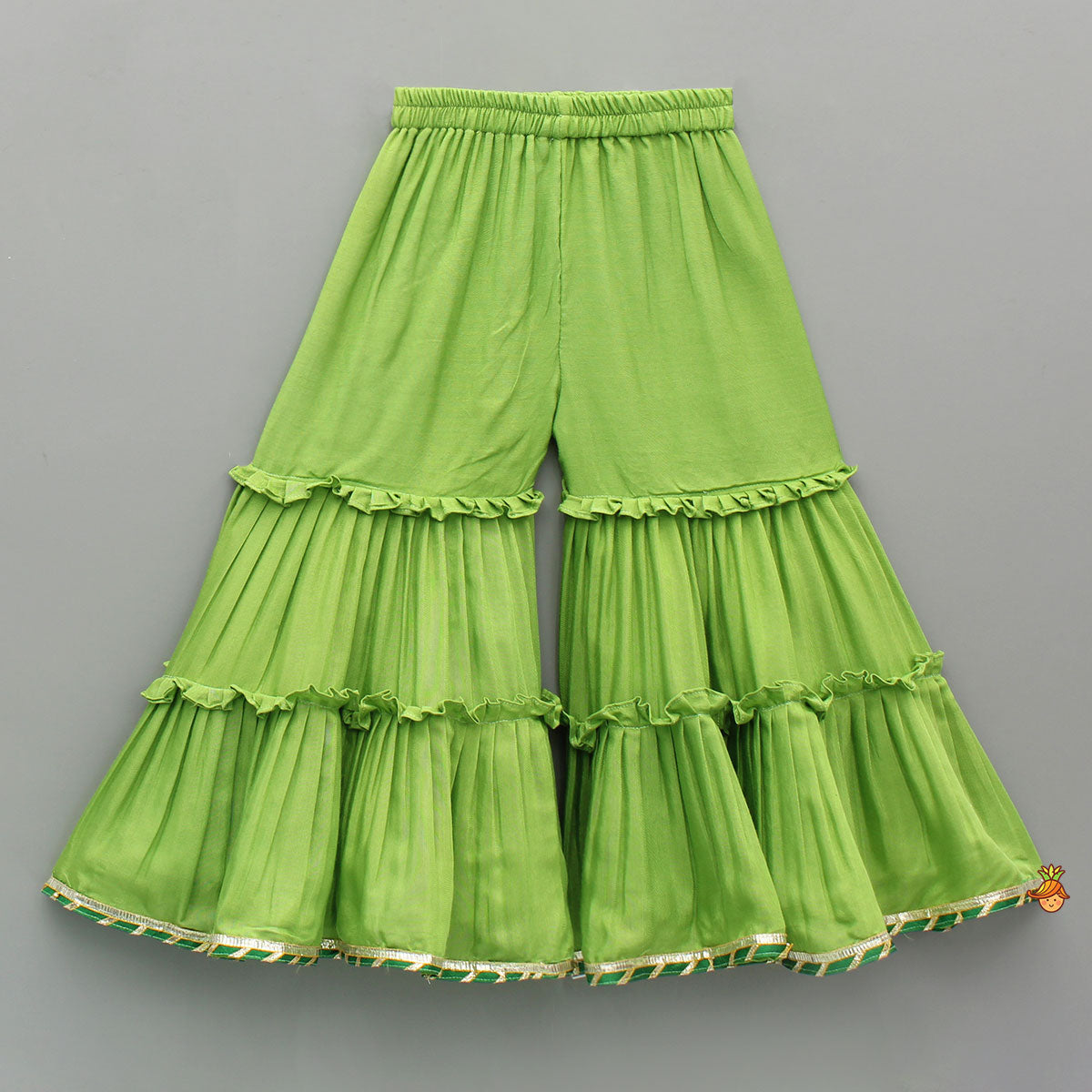 Ethnic Strappy Top With Embellished Kurti And Ruffled Sharara With Dupatta