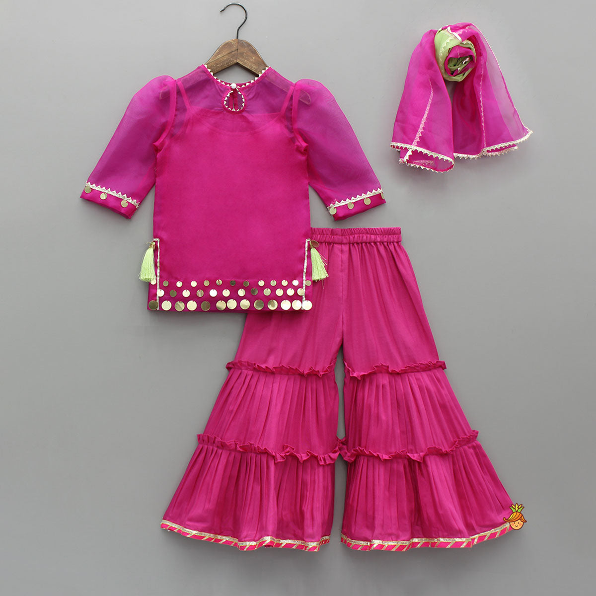 Elegant Strappy Top With Embellished Pink Kurti And Ruffled Sharara With Dupatta
