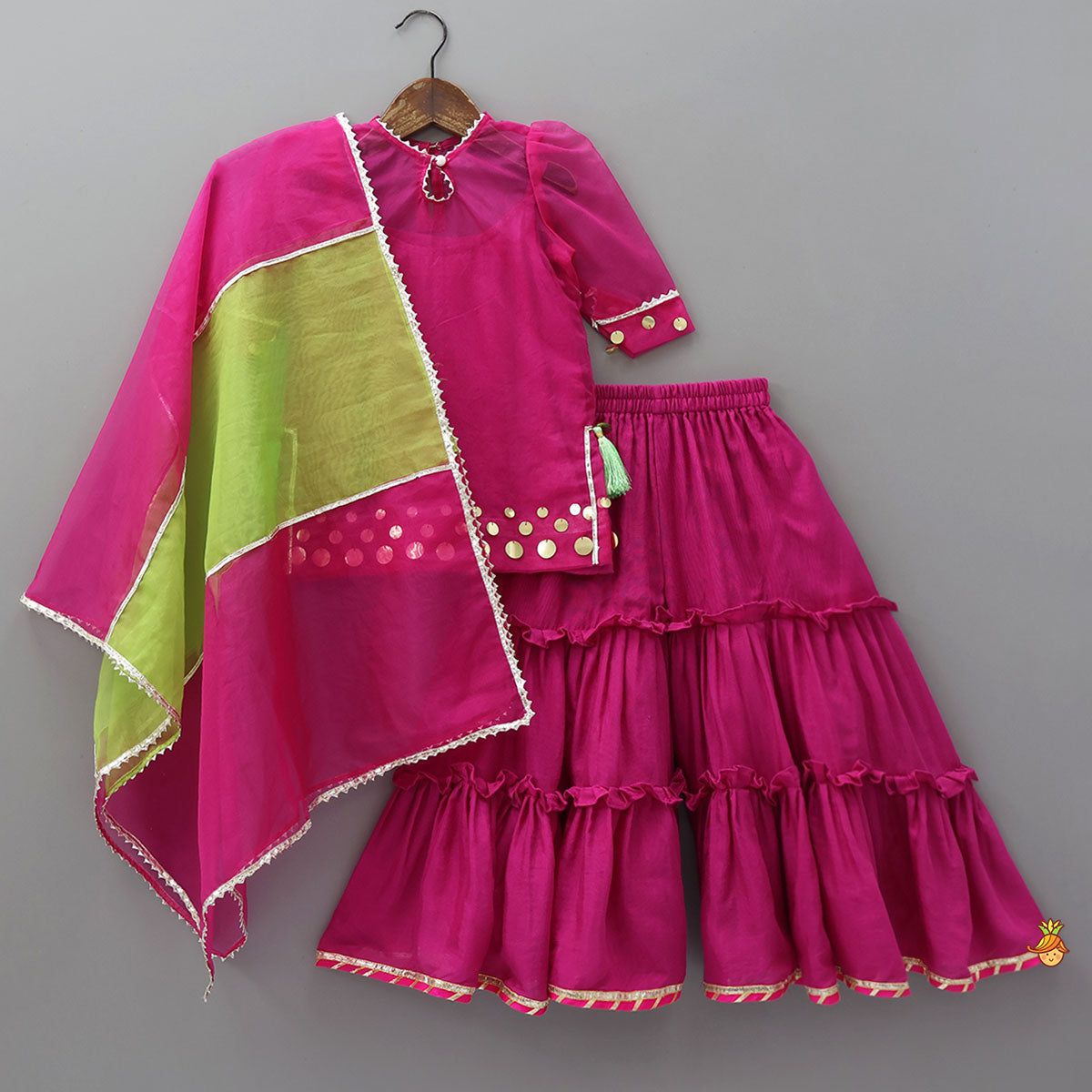 Elegant Strappy Top With Kurti And Ruffled Sharara With Dupatta