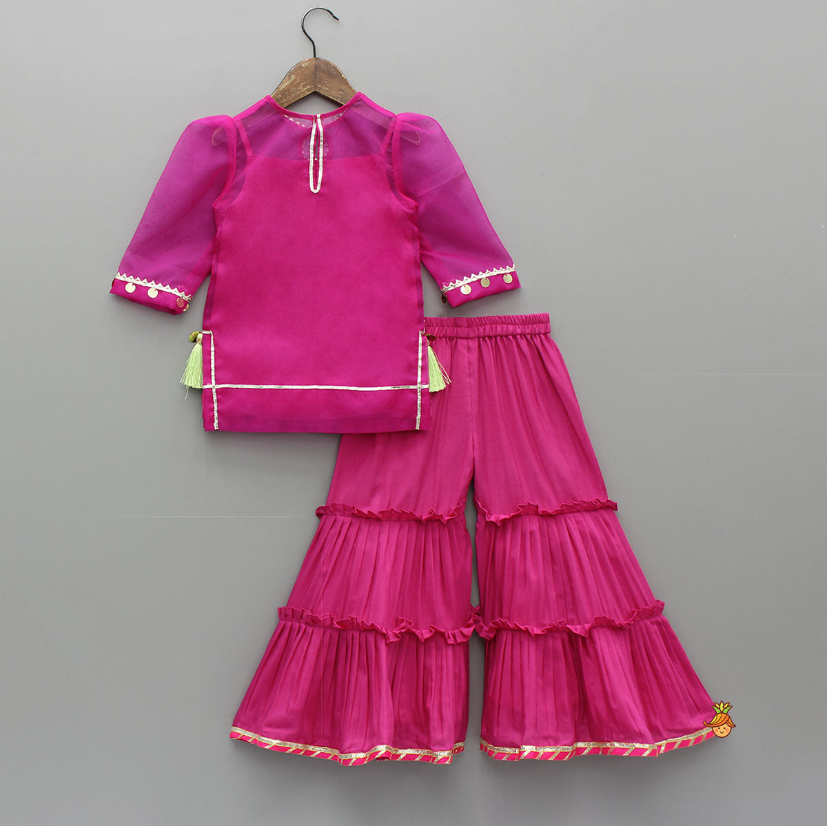 Elegant Strappy Top With Embellished Pink Kurti And Ruffled Sharara With Dupatta