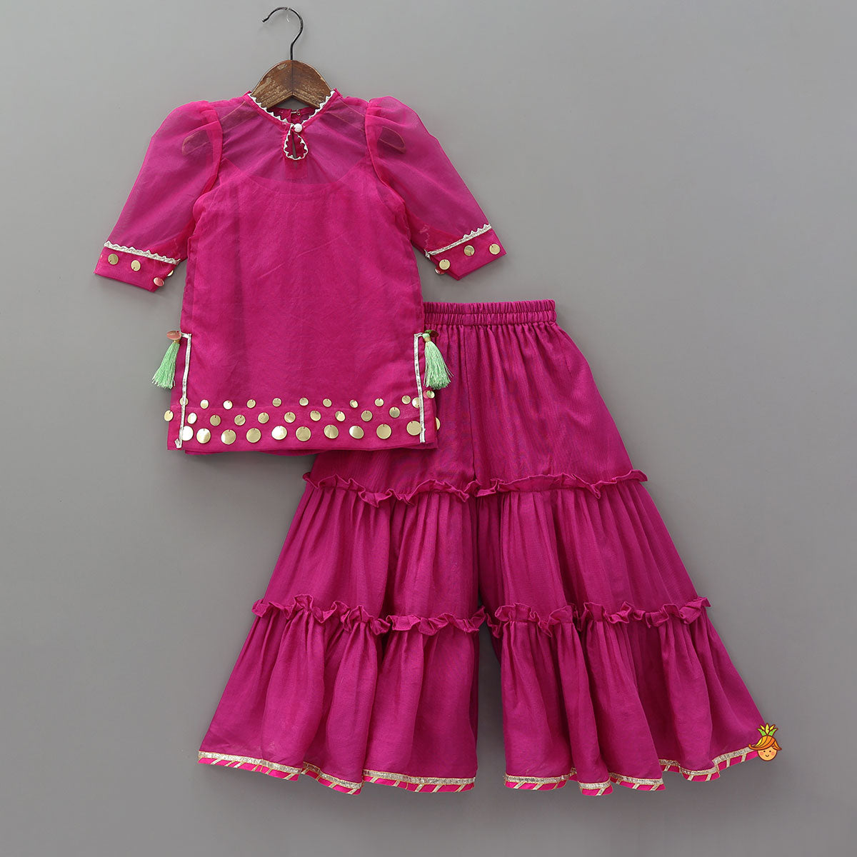 Elegant Strappy Top With Kurti And Ruffled Sharara With Dupatta