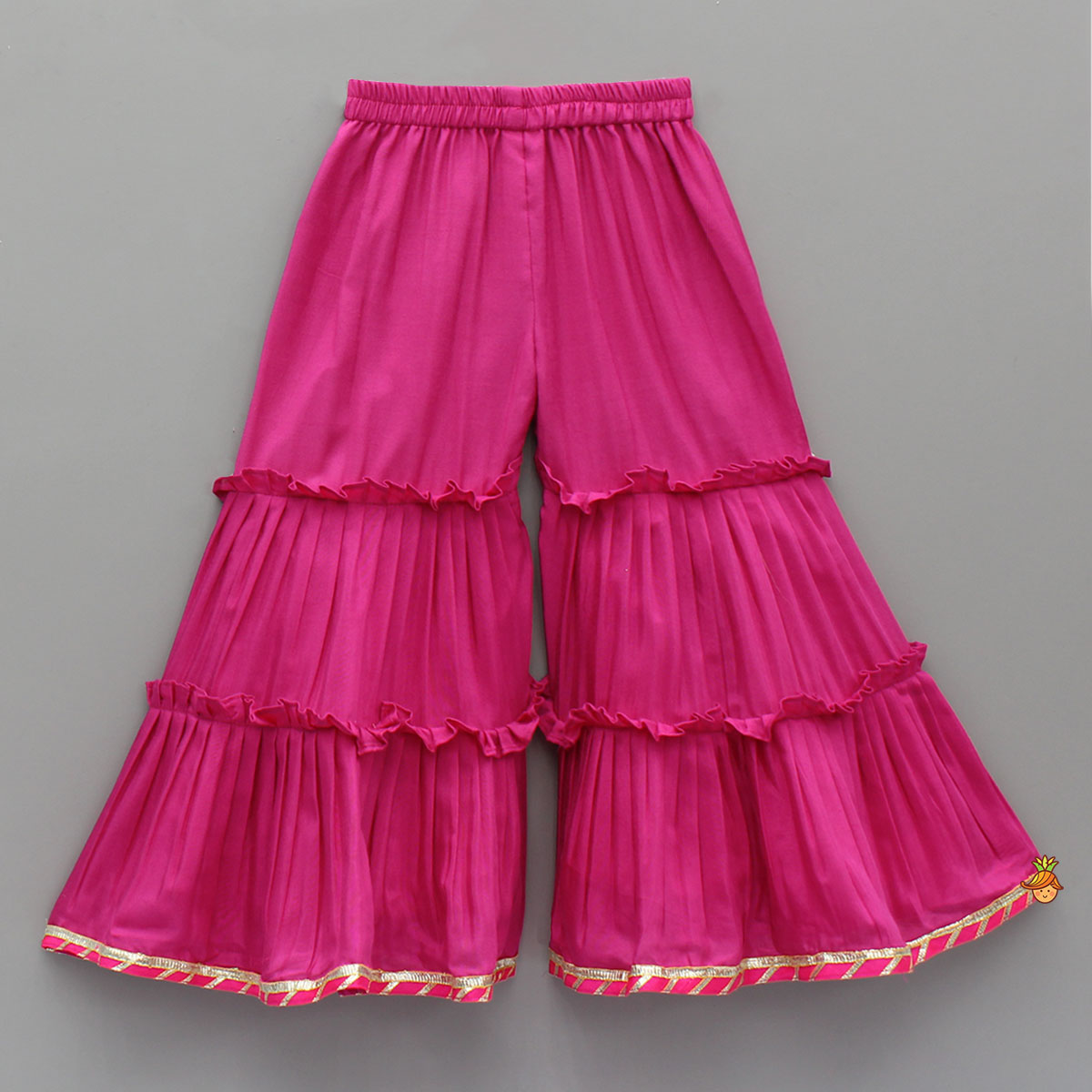 Elegant Strappy Top With Embellished Pink Kurti And Ruffled Sharara With Dupatta